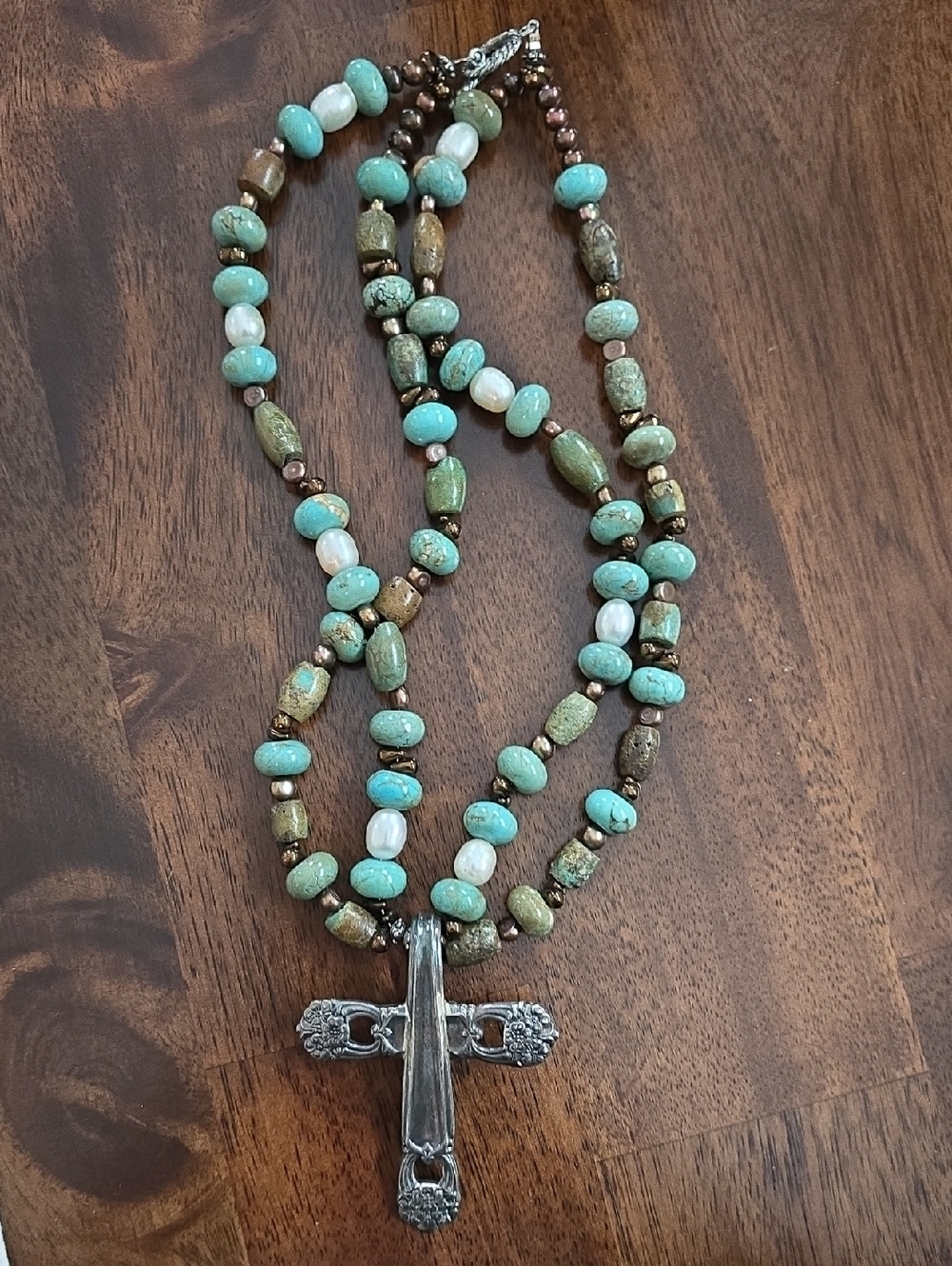 Turquoise and Brown Beaded Cross Necklace  SPOON